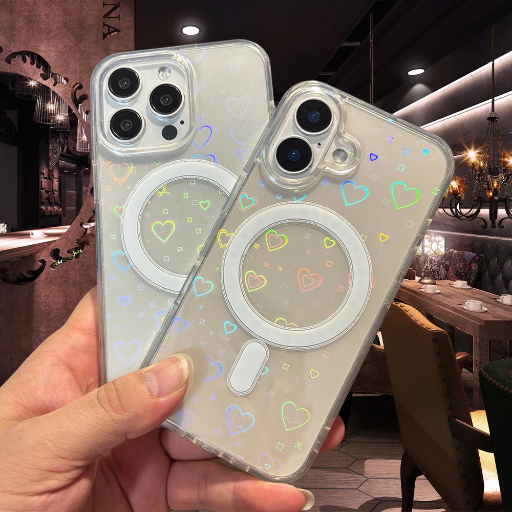 Clear Magnetic TPU+PC Case for iPhone 16 Pro Max with Laser Heart Design iPhone 14 Plus