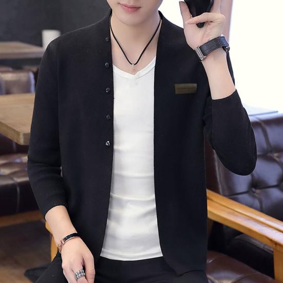 Men Knitted Cardigan Coat Single-breasted Long Sleeve Solid Color Slim Fit Elastic Thick Warm Stand Collar Badge Decor Casual Mid