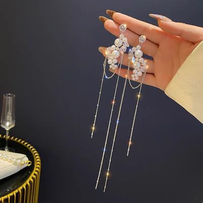 European and American Fashion Pearl Crystal Tassel Earrings Temperament Personality Trendy Earrings Net Celebrity Literary Fan Earrings