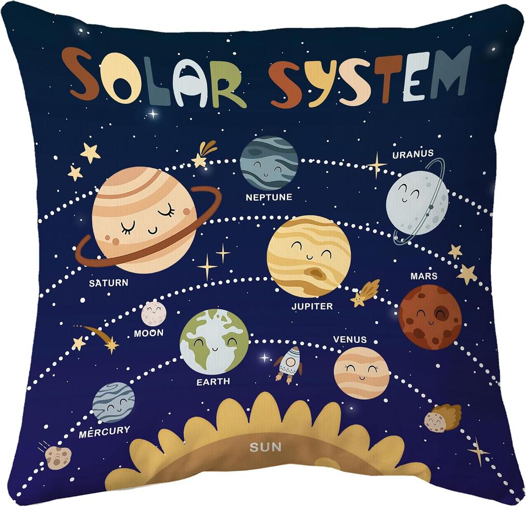 Solar System Planets Pillowcase Kids Room Decor Space Nursery Theme Stars Astronomy Print Cushion Cover 18x18 Inch Gift