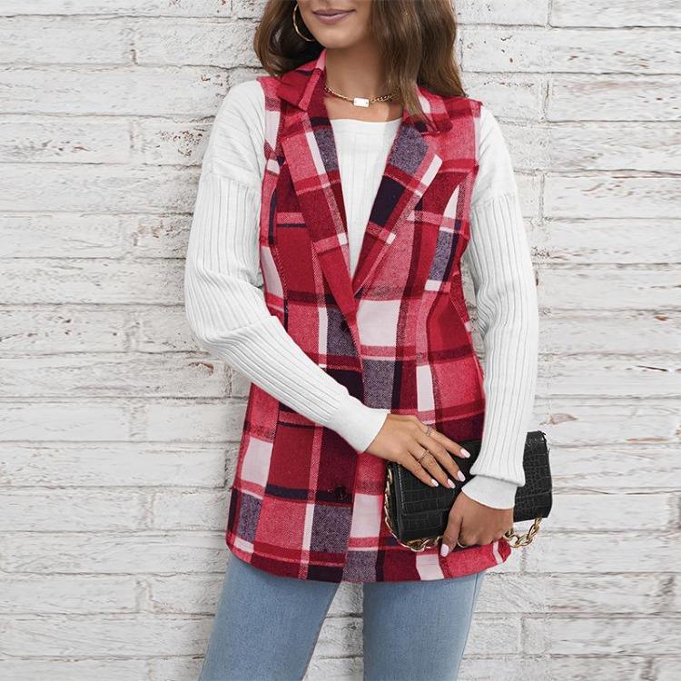 Women Checked Vest Sleeveless Single Breasted Cardigan Turn Down Collar Sizes S-XL Spring Autumn