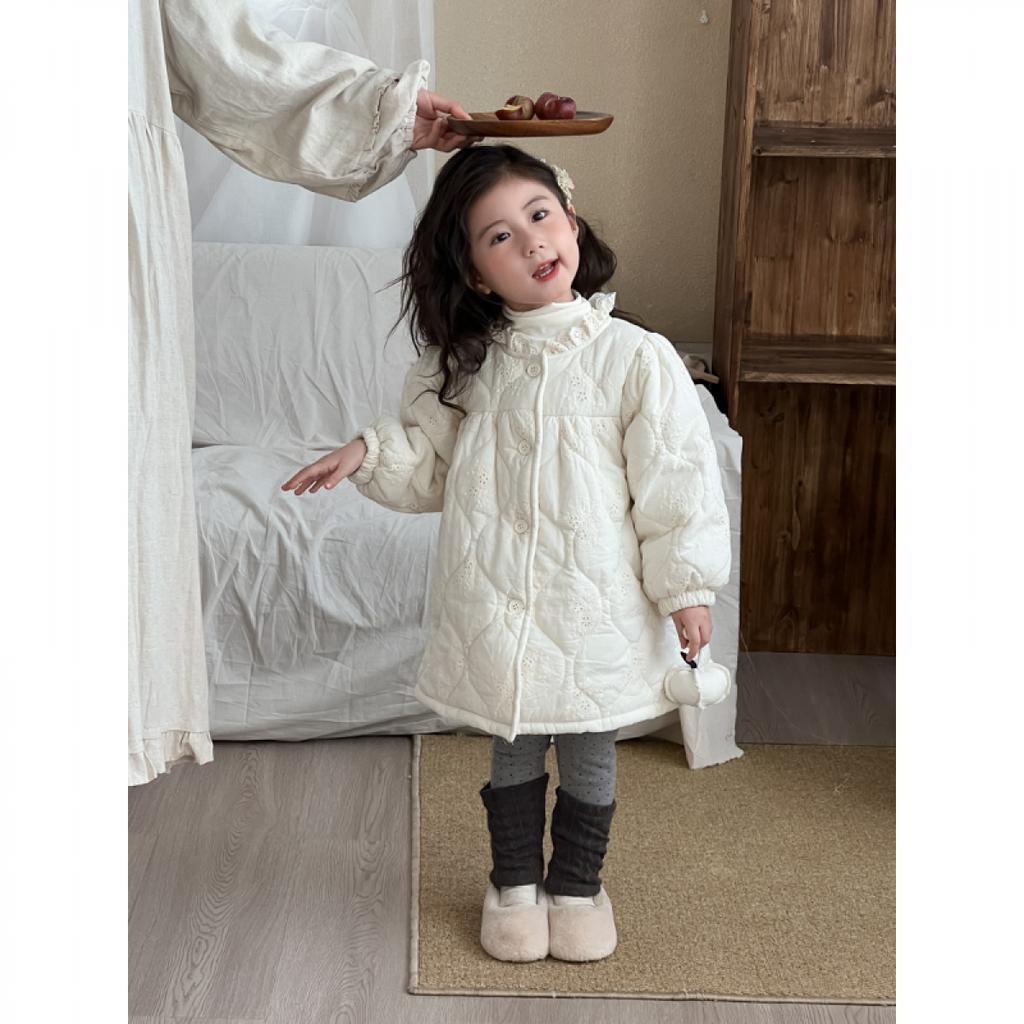 Winter New Children's Clothing Korean Style Children's Lace Embroidered Cotton Long Cotton Clothes Girls' Fleece-lined Lace Princess Cotton Coat