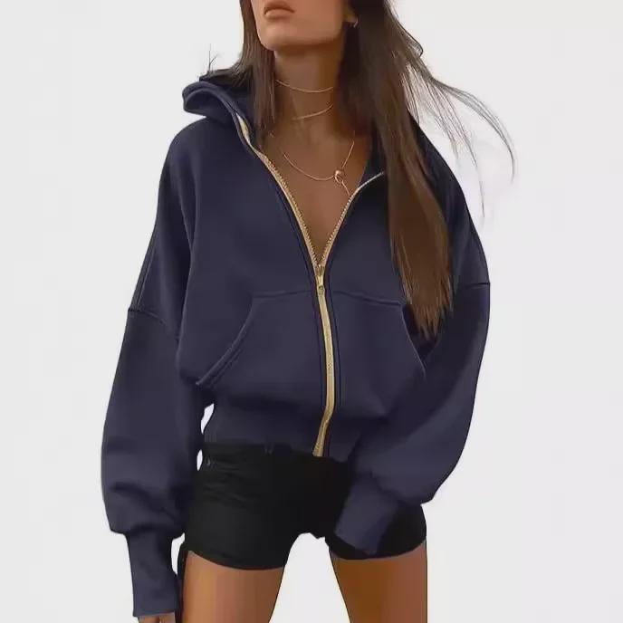 Women's Zip-Up Cropped Fleece Hoodie - 2024 Autumn/Winter Fashion