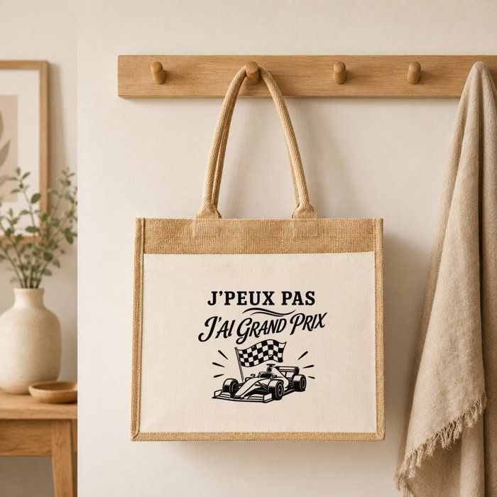 Sac Cabas Jute avec Poche J’peux pas j’ai Grand Prix J'peux pas minimaliste | Toile de Jute et Coton 21 L Fond Plat Anses 65 cm