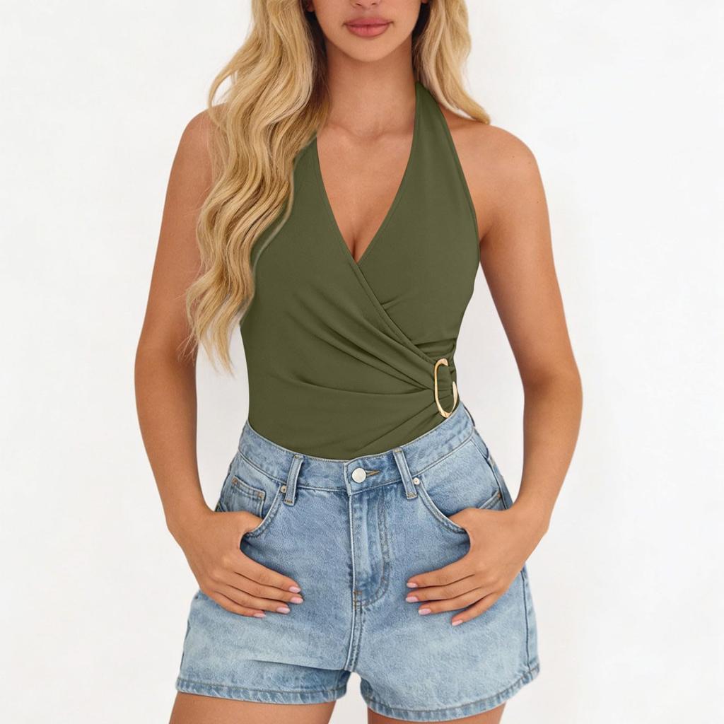 Women's Fashionable Plain Sleeveless V-neck Sexy Cross-Back  Top