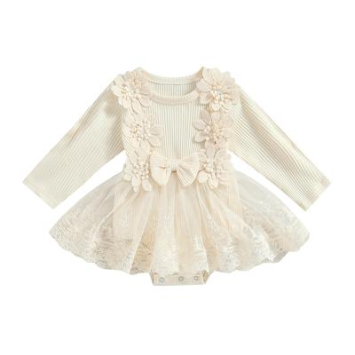 Baby Girls Romper Dress Autumn Crew Neck Lace Dress Flower Bow Tulle Patchwork Bodysuit Clothes for Daily Party