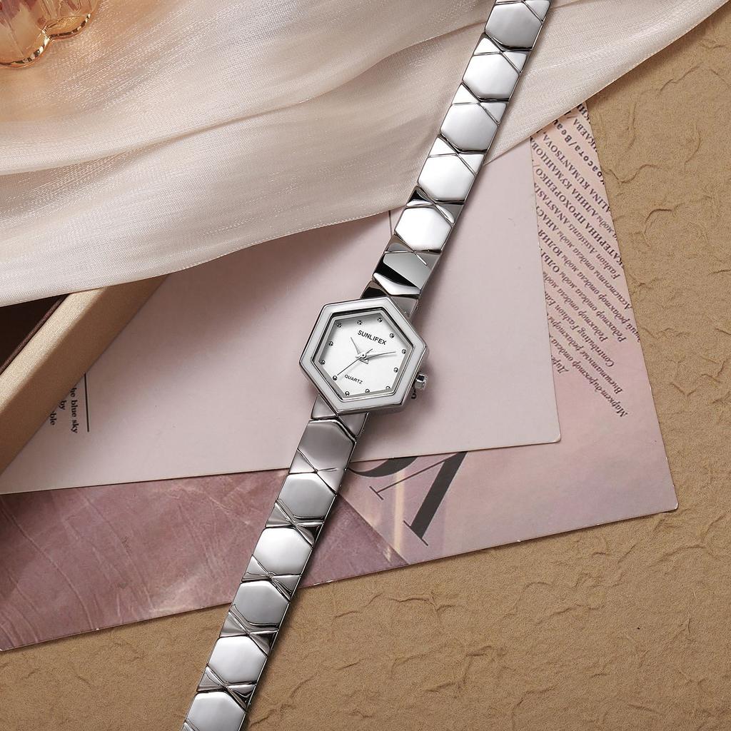 Sunlifex Honeycomb Hexagonal Light Luxury Women'S Watch Quartz Watch Niche Design Fashion Watch Gold Steel Belt