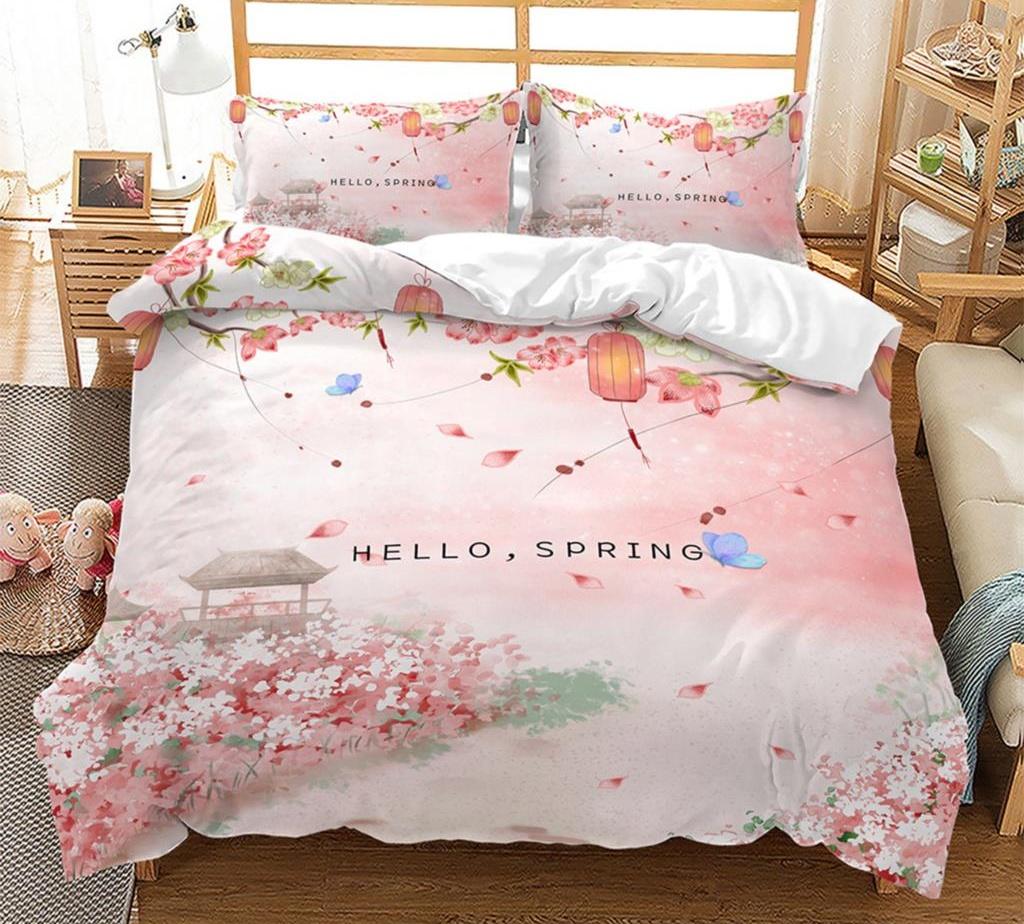 Spring Flower Duvet Cover King Size Double Bed Pink Cherry Blossom Bedding Set for Girls Teens Adults Room Decoration 3 Pcs