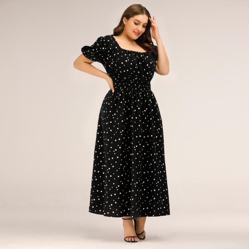 Kvinners Plus Size Firkantet Krage Puffermer Temperament Polkadotter Lang Kjole