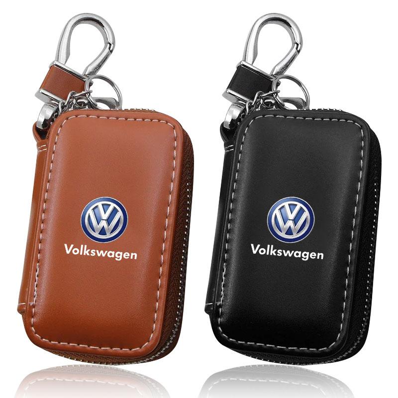 1Pcs Leather Emblem Car Key Case Keychain Zipper Key Case Bag Emblem For VW Golf Amarok T5 Phaeton ID3 Tiguan T-Cross GTI QR2