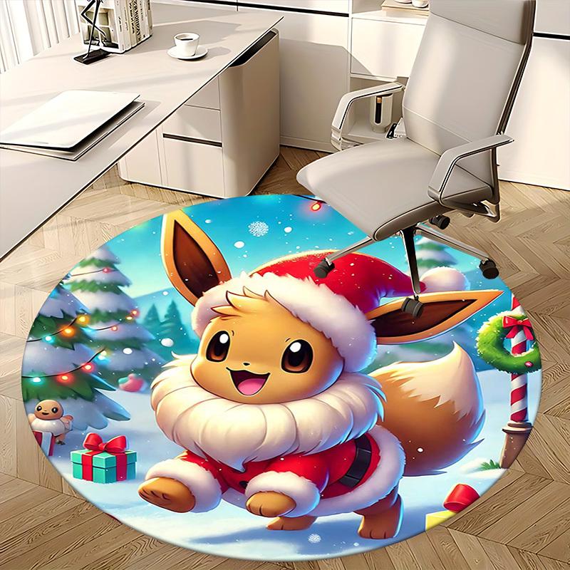 1pc Christmas Eevee Santa Claus Round Carpet - Anime Design, Holiday Gift, Office Chair Mat, Non-Slip Rug for Home Decor, Living Room