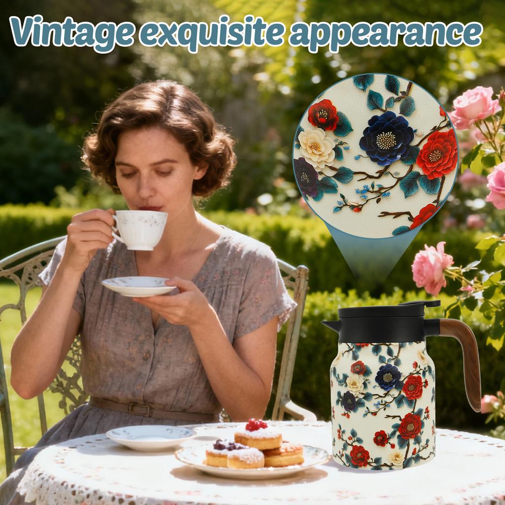 Vintage Blumen Tee Thermoskanne Edelstahl Teekessel Tropfsichere Teekanne mit Tee-Ei Mini Thermo Kaffeekanne Heim Teegeschirr