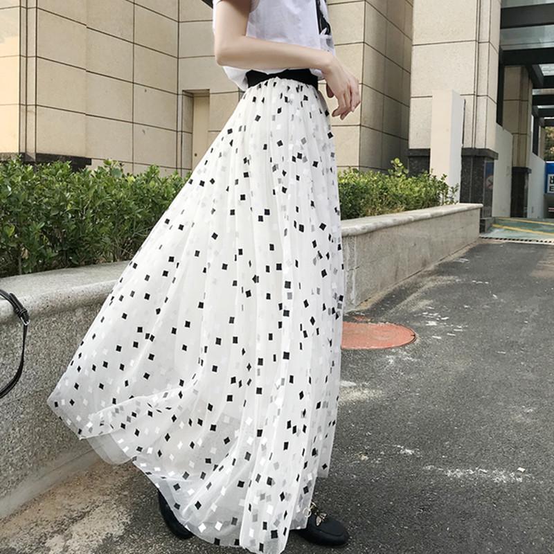 Women's High Waist Black Mesh A-line Midi Tulle Skirt