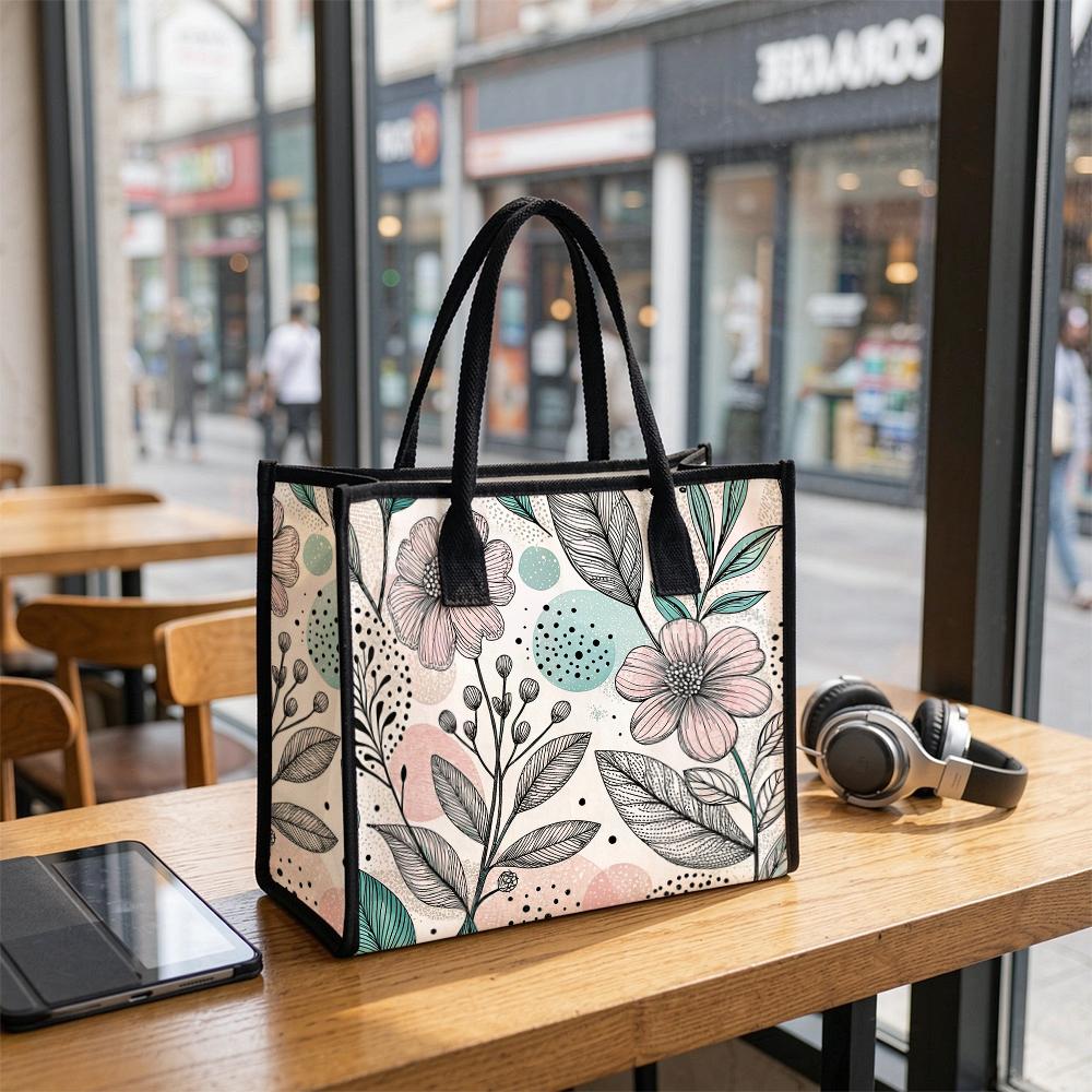 Boho Flower Print Tote Bag Casual Lightweight Portable Shoulder Bag for Daily Shopping Travel