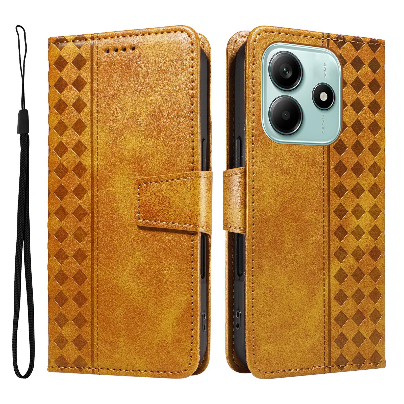 

For Xiaomi Poco M7 Pro 5G/Xiaomi Redmi Note 14 5G Leather Case Wallet Stand Grids Imprinted Phone Cover with Strap Yellow