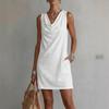 Abito da donna senza maniche con scollo ad anello, modello a sacco, casual, tinta unita, mini abito con tasche per l'estate