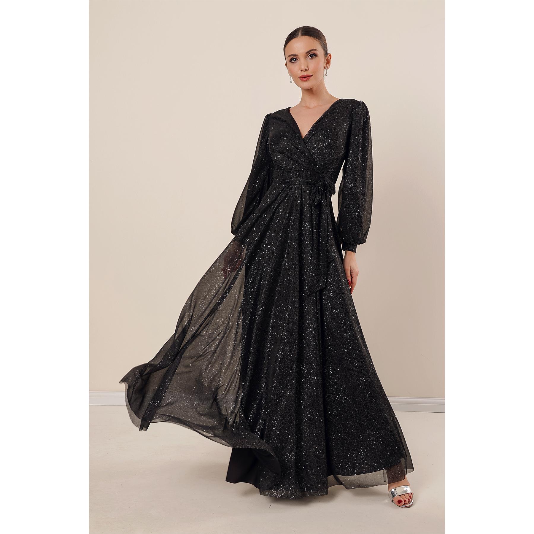 

Длинное блестящее платье с двубортным воротником и поясом на подкладке