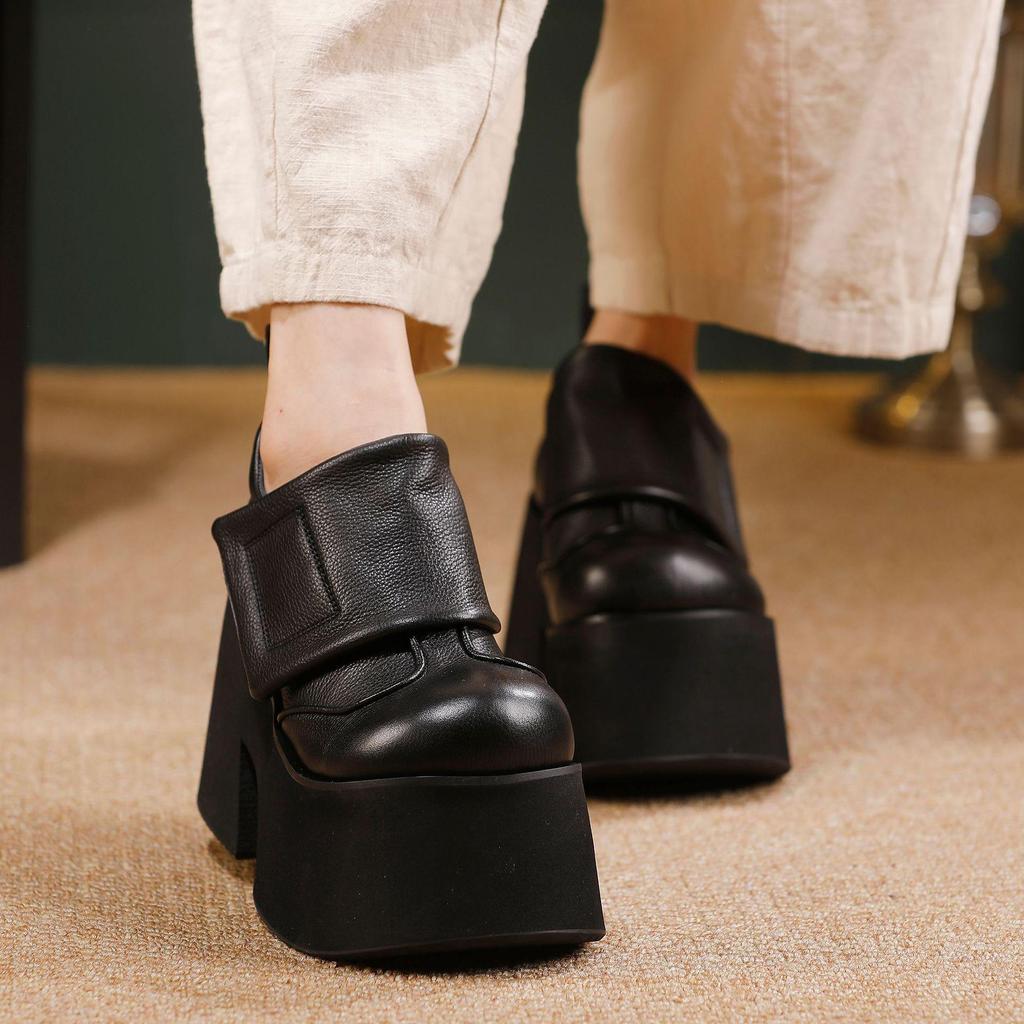 Women's Genuine Leather Platform Shoes 2025: Autumn/Winter Pure Cowhide Petite Height-Increasing Hook & Loop Single Shoes