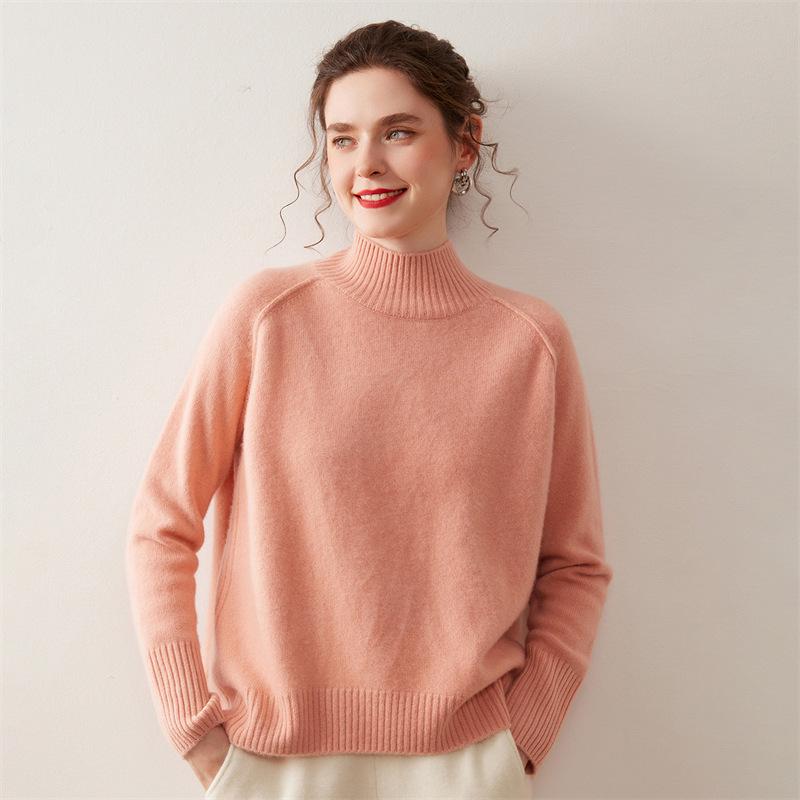 Women's Cashmere Knit Sweater - Solid Color, Half-High Collar, Loose Slimming Fit, Thick Drop Shoulder Sleeves for Autumn/Winter