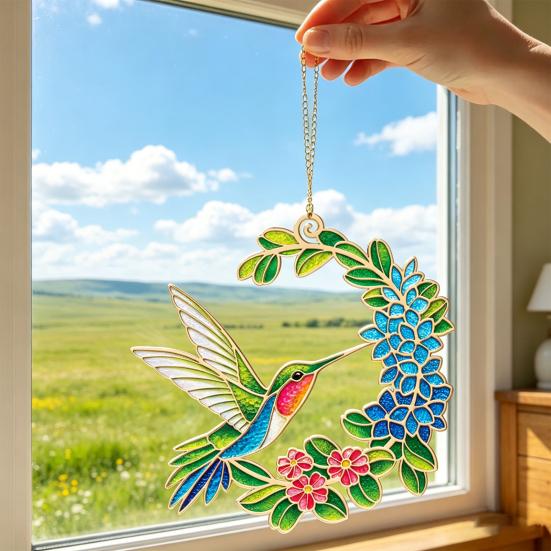 Hummingbird Sun Catcher Stained Glass Style Window Hanging Decor Acrylic Hummingbird Flower Suncatcher Gift for Bird Lovers Home Garden Porch