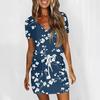 Women's Fashion Casual V-Neck Short Sleeve Drawstring Sequin Printed Dresses