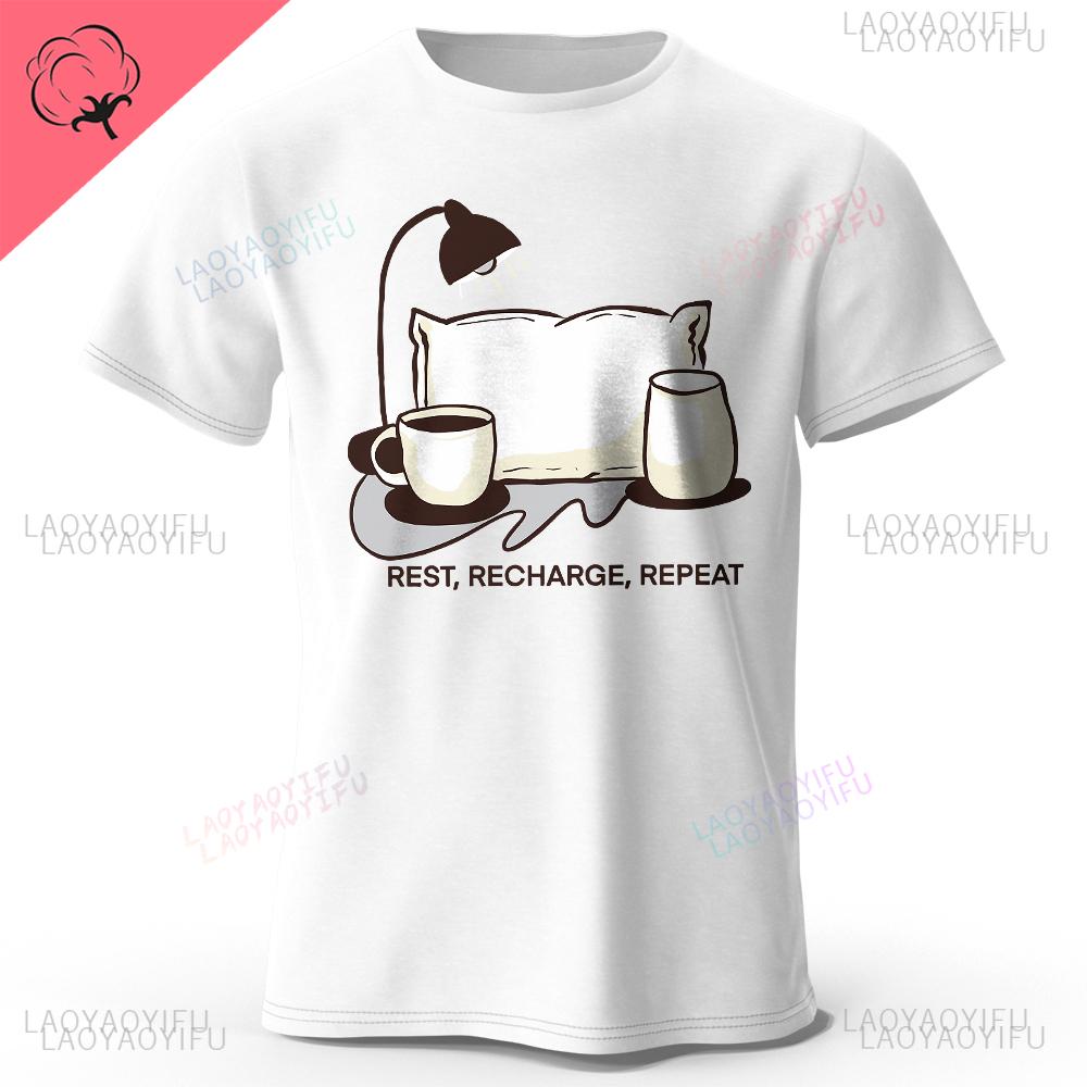 Mens Rest Recharge Repeat Printed Oneck TShirt Cotton Motivational Graphic Tees for Women Summer Tops Athleisure Streetwear S