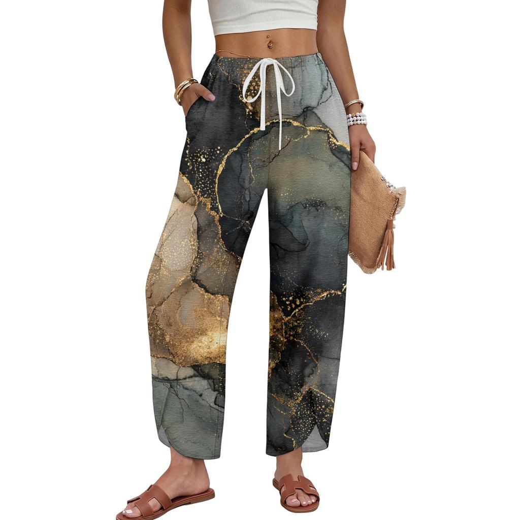 Women Casual Wide Leg Pants Marble Print Loose Fit Drawstring Waist Straight Leg Trousers Comfortable Lightweight Fabric