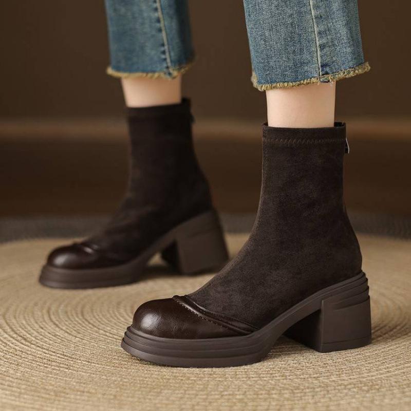 New Women's Elastic Suede Medium Boots Solid Color Thick-soled Large-size Women's Boots Rear Zipper Round Head Autumn and Winter Martin Boots