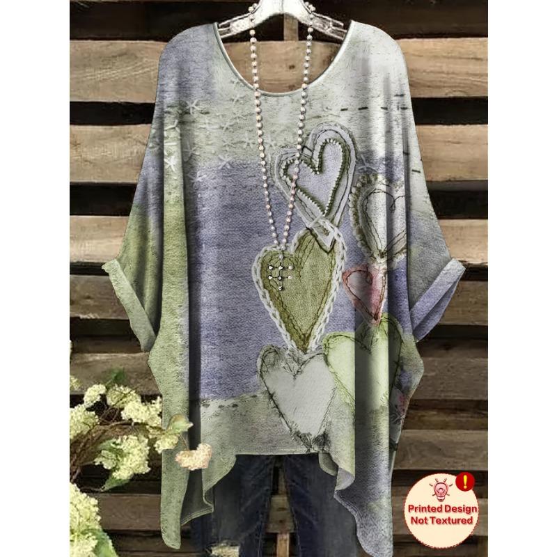 Women's T-shirt Printed Design Tops Elegant Oversized Minimalist Vintage Heart Pattern Print Irregular Hem Round Neck T-Shirt