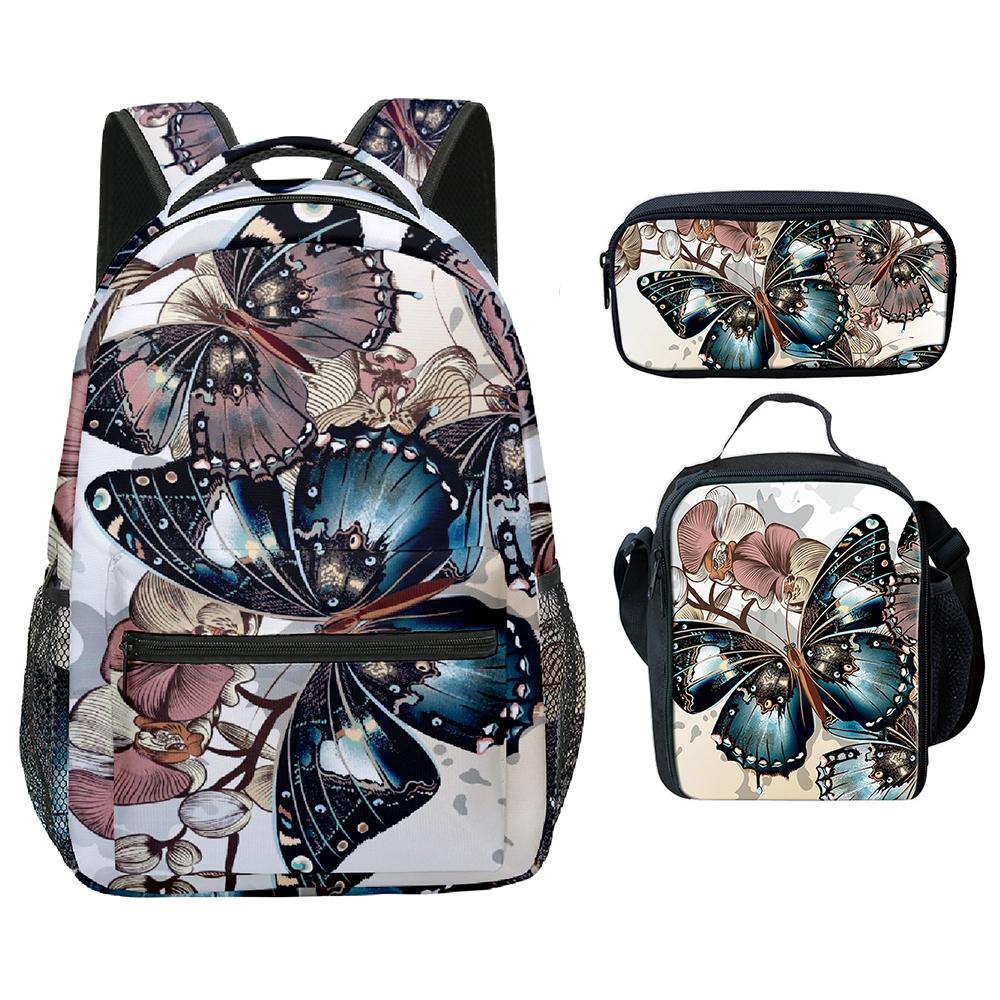 Klassiek Nieuwigheid Cool Mooi vlinder 3D Print 3 stuks/Set Student Schooltassen Laptop Rugzak Crossbody Lunchtas Etui