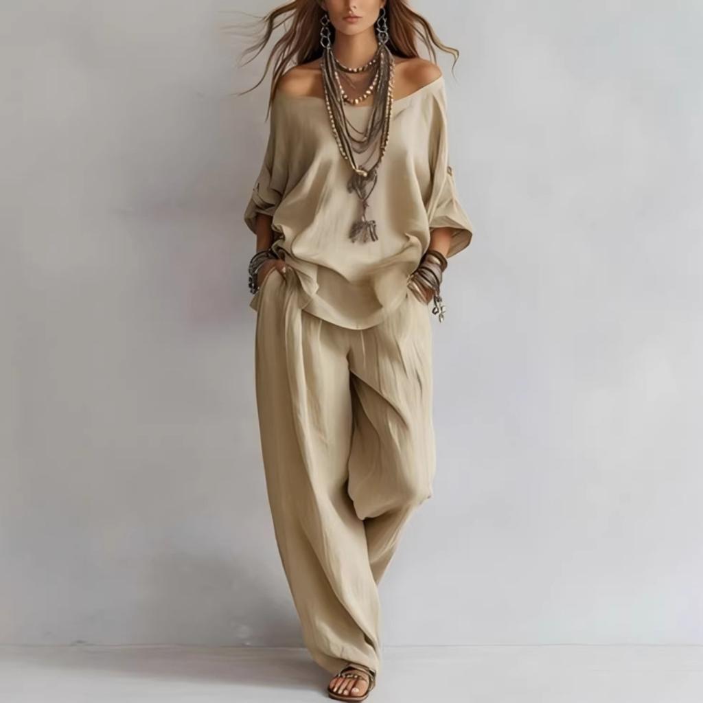 Women's Three Quarter Sleeve Loose Fit Top Wide Leg Long Pants Two Piece Set