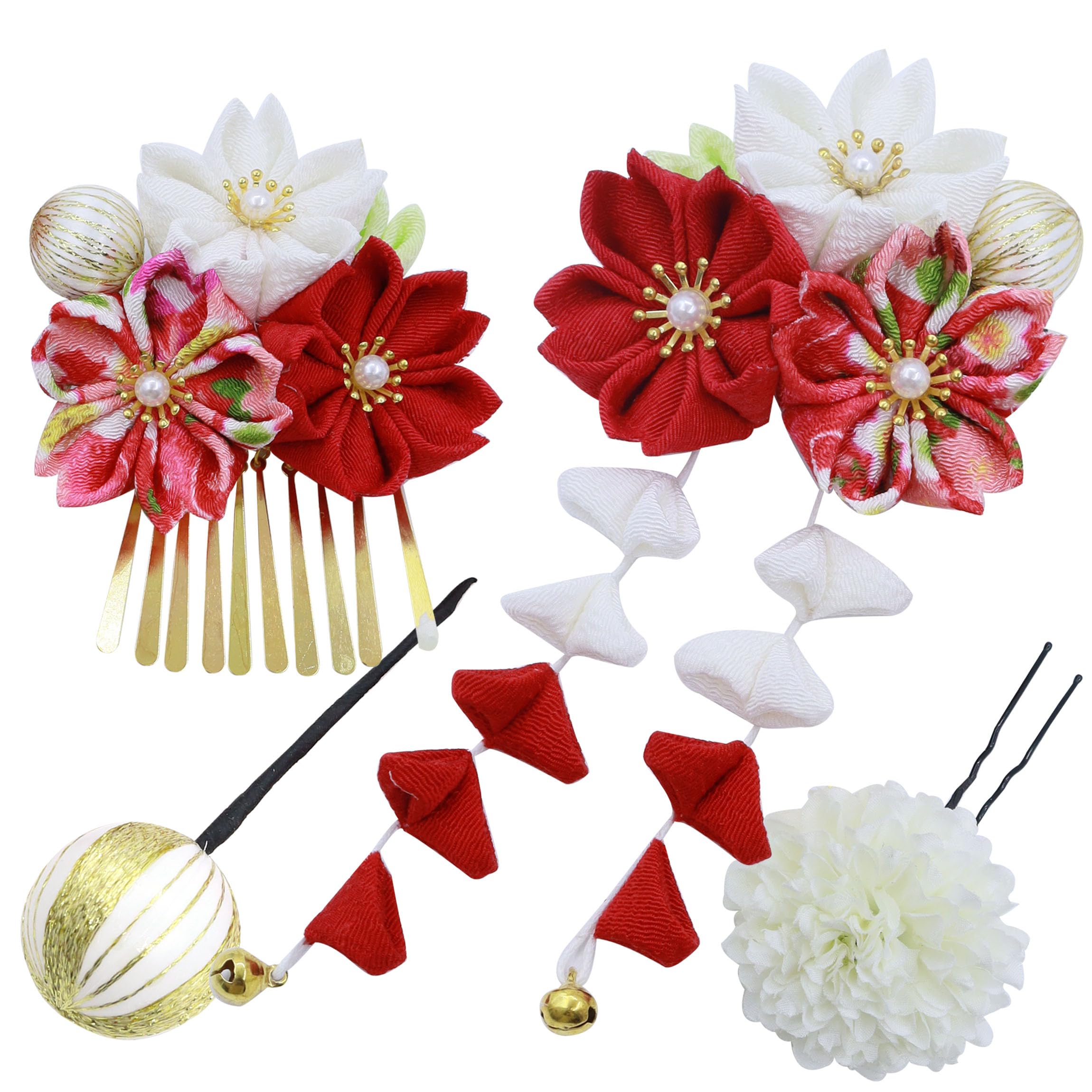 

[JZOON] Украшение для волос Сити-Го-Сан Тсумами-дзаику Набор из 3 предметов Дизайн с цветами сакуры Милый японский шарик Пять цветов Красный Синий Фиолетовый Розовый Желтый с