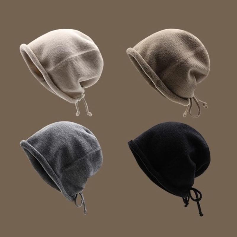 Autumn And Winter Pile Hat With Curled Brim And All-Match Warm Cold Hat With Large Head Knitted Drawstring Hat For Women