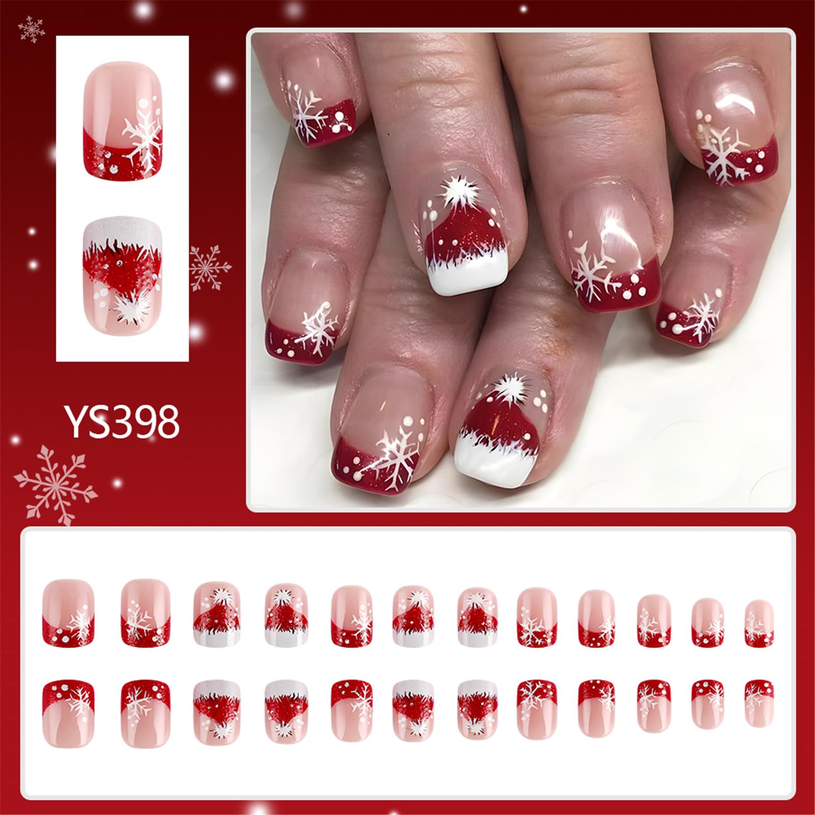 

Christmas Press on Nails Short Square Snowflake Stick on Nails Manicure Nail Art Decoration for Women and Girls 24Pcs