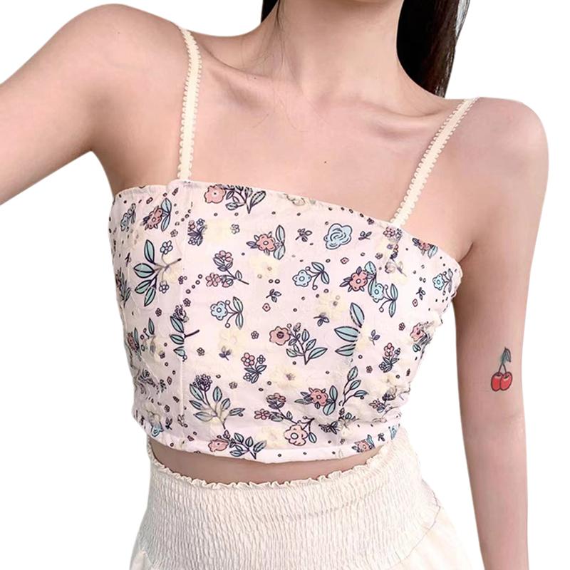 Camisola dulce para mujer versión coreana Top corto con estampado de flores acolchado