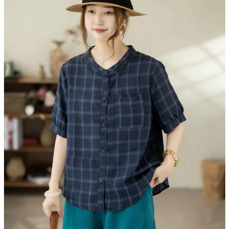 DIMANAF 2026 Plus Size Summer Women Blouse Shirts Tunic Oversize Loose Casual Cotton Lady Tops Vintage Plaid