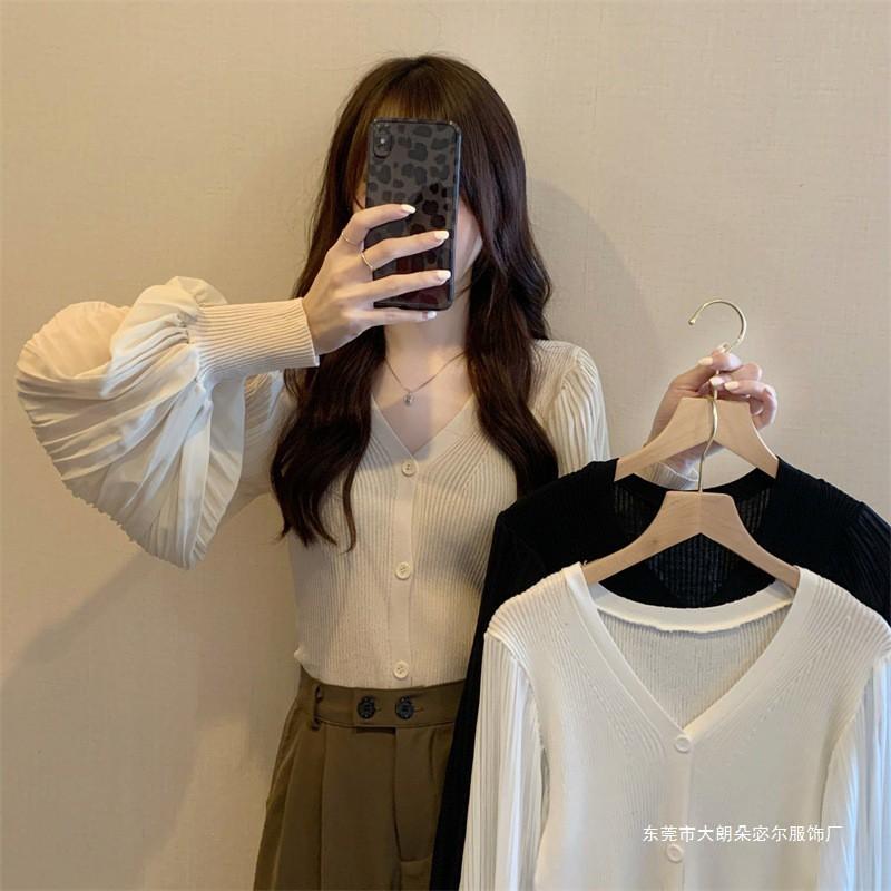 Womens V-Neck Long Sleeve Knit Cardigan With Puff Sleeves Solid Color Cropped Sweater Fall
