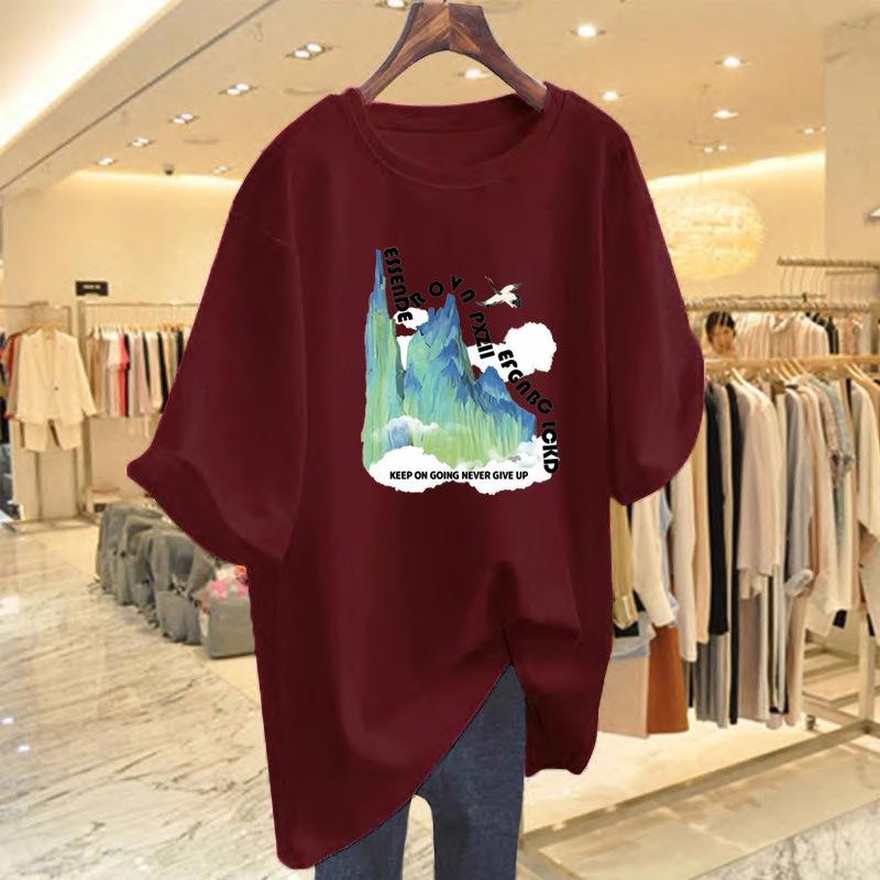 Heavy pure cotton new design sense printed short-sleeved t-shirt ns women's tide brand summer loose and versatile large size top tide