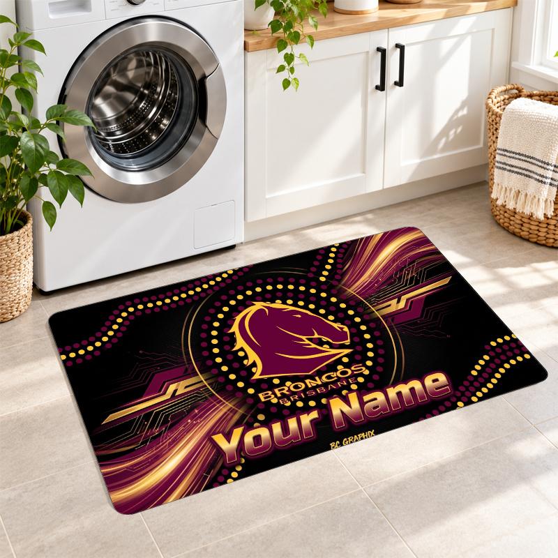 Brisbane Broncos Custom Name Flannel Rug Kitchen Mat Non Slip Floor Carpet Personalized Home Decor