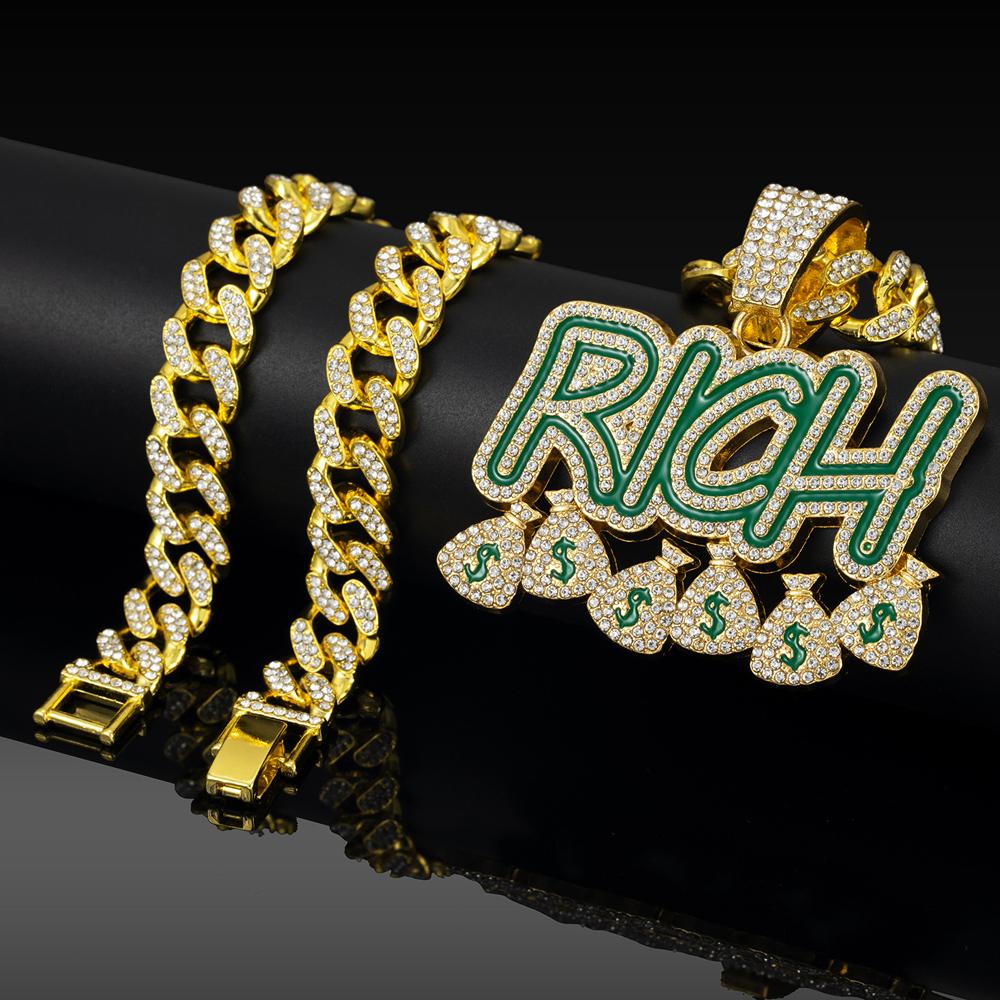 Hip Hop Men Women Become Rich Money Bag Pendant NecklaceWith 13Mm Miami Cuban Link Chain Necklaces Trendy Dollar Sign Neck Wear