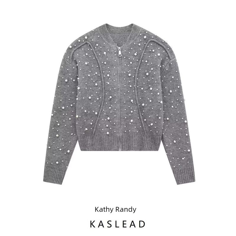 Kaslead New Women clothes Western Style Artificial Decorated Pearls Knitted Bomber jacket Outerwear
