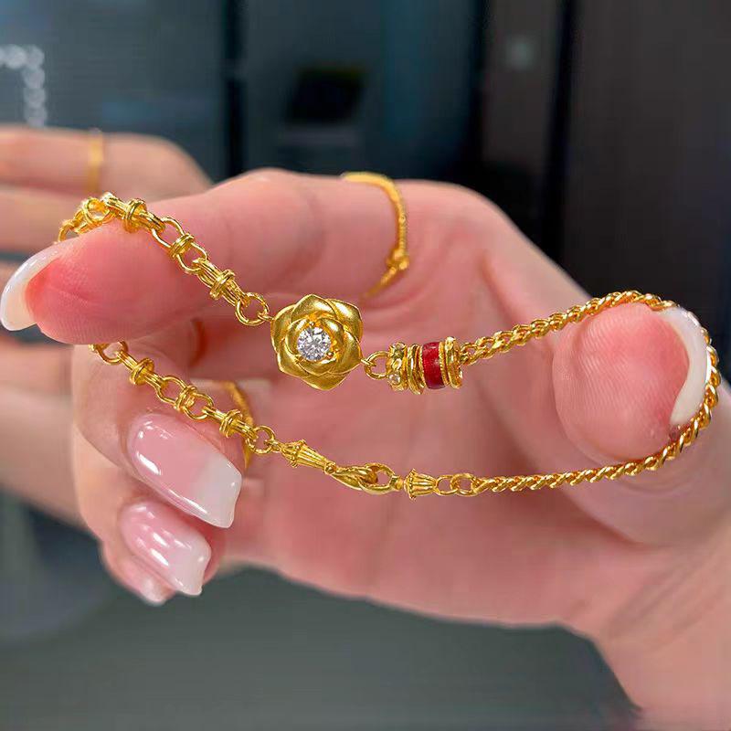 Golden Rose Entwined Bracelet with Rhinestone Ring and Hand-Woven Red Rope Chain Jewelry