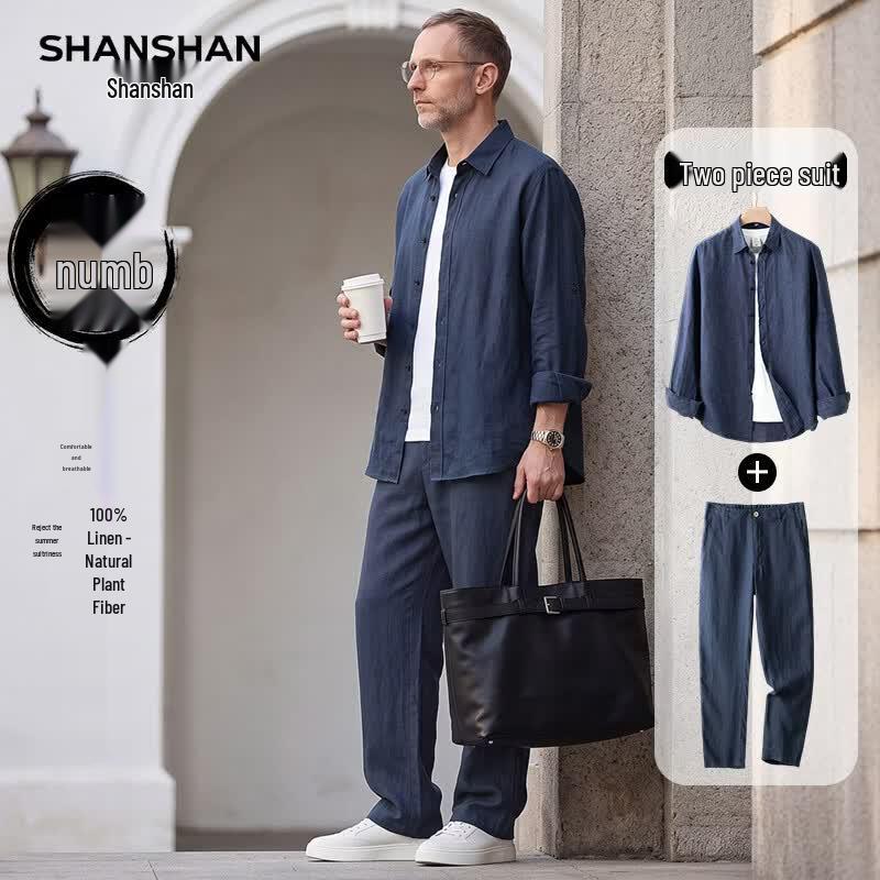 SHANSHAN Men's Chinese Style Pure Linen Two-Piece Set