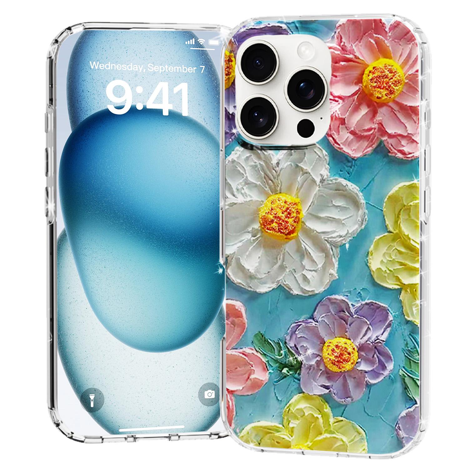 

For iPhone 16 Pro Max Phone Case IMD Pattern Print PC TPU Mobile Cover Colorful Flower