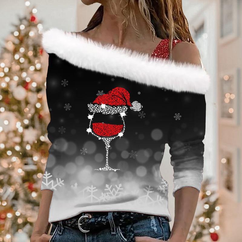 Damski top z długim rękawem z ukośnym kołnierzem Modny damski luźny sweter z nadrukiem świątecznym z odkrytymi ramionami