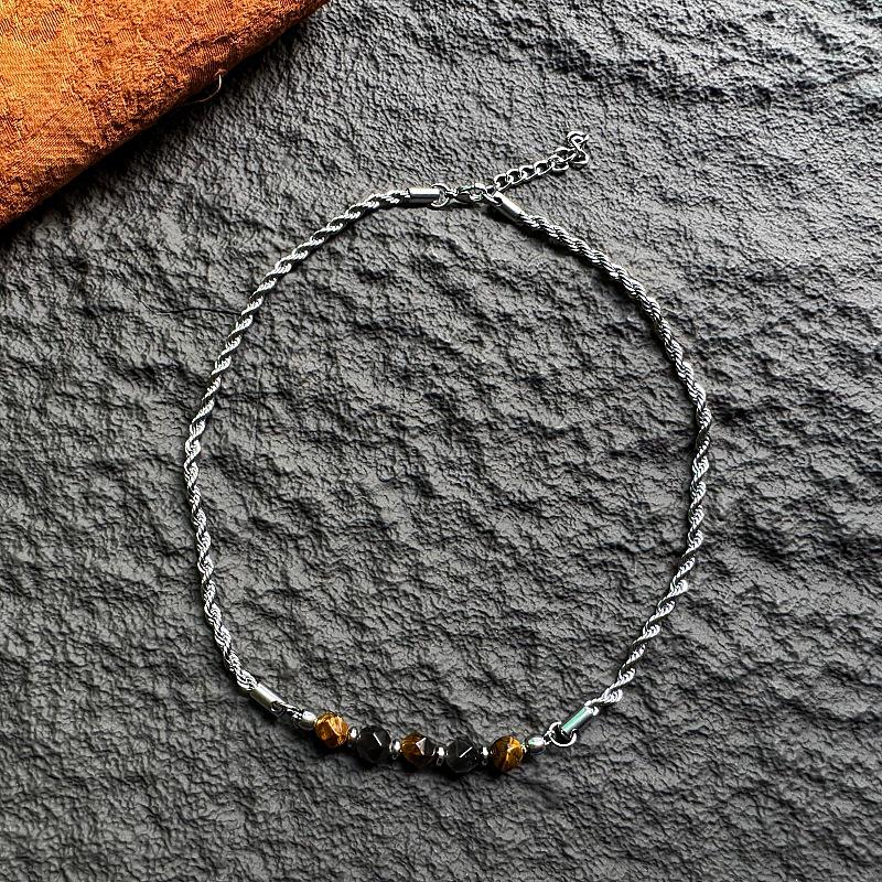 Ретро-ожерелье Gage из нержавеющей стали с гранеными бусинами из тигрового глаза и витой цепочкой