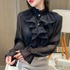 Elegantní jaro nové volánkový stojáček límeček s dlouhým rukávem šifon košile jednobarevné dámské halenky černá košile cardigan