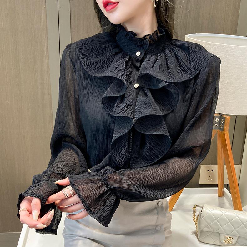 Elegantní jaro nové volánkový stojáček límeček s dlouhým rukávem šifon košile jednobarevné dámské halenky černá košile cardigan