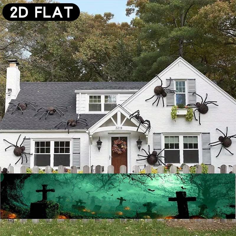 Halloween Graveyard Fence Party Banner, Pumpkin Bat Gothic Horror Design, Polyester Outdoor Garden Decoration