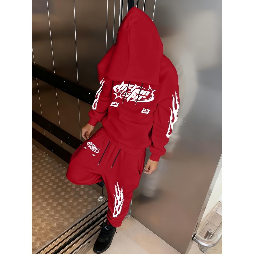 Men's Casual Suit, Letter Flame Printed Drawstring Pocket Hoodie and Drawstring Outdoor Casual Sports Pants